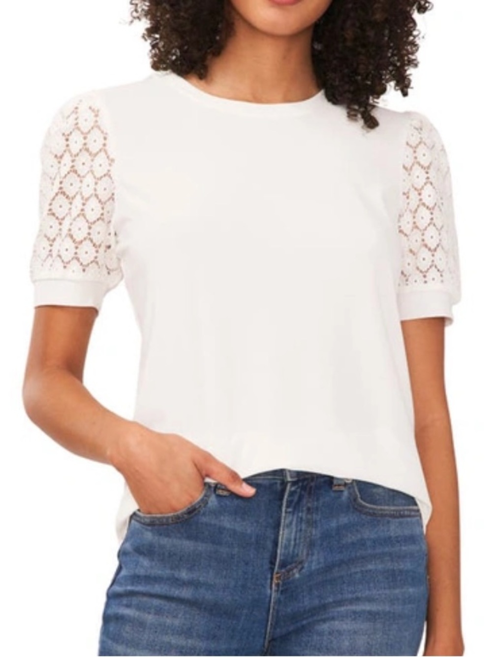 Cece Off-White Puff Short Sleeve Top with Eyelet Lace Sleeves S